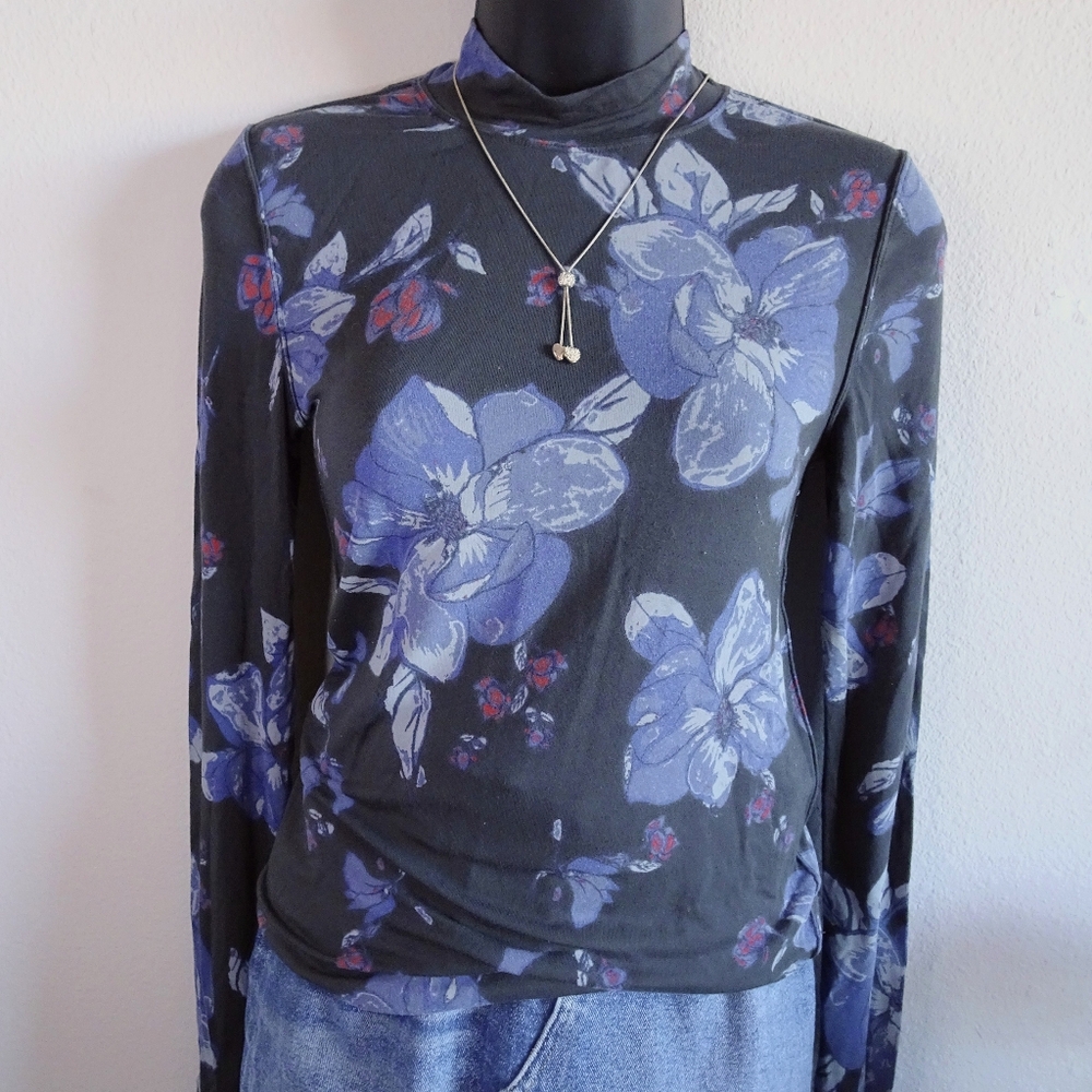 Free People Blue and Brown Floral Mock Neck Long Sleeve Top